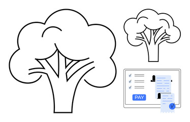 Tree line art accompanied by a digital device showing a transaction screen displaying payment and checklist icons. Ideal for finance, online banking, nature conservation funding, paperless