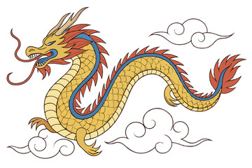 Chinese dragon, mythical creature, colorful, vibrant, serpentine body, golden scales, blue spines, red flames, fierce expression, animated style, floating clouds, white background, traditional Asian a