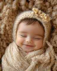 Newborn Yawning Cozily Wrapped in Soft Knitted Blanket with Gentle Lighting