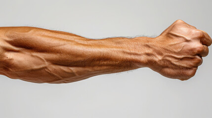 A male arm highlighting the inner part of the forearm with the hand open, empty white flat background.