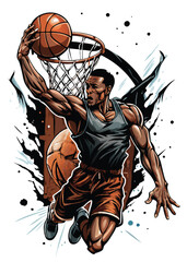 A powerful basketball player performing a dynamic dunk with full intensity, bursting through the rim with his athleticism. © makyas