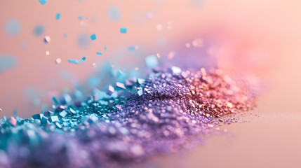 Warm-toned bokeh with glowing particles indoors, featuring soft lavender and turquoise hues over a muted beige background