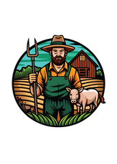 A farmer stands in a field holding a pitchfork.