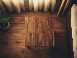 A top-down view of a nightstand in a hotel room with a cozy, blurred background, providing an empty wooden surface for product display and customization in a flawless, generative setting