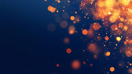 Warm orange and yellow bokeh lights shining indoors, enhanced by glittering glow effects against a smooth navy blue backdrop
