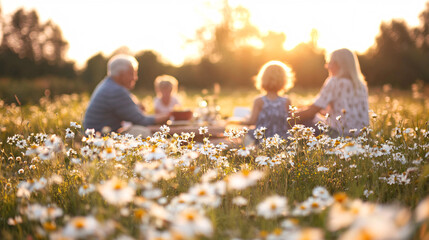 Golden Hour Family Picnic in a Wildflower Meadow