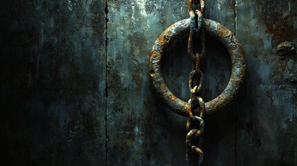 Rusty metal chain with circular ring on weathered dark wooden wall.
