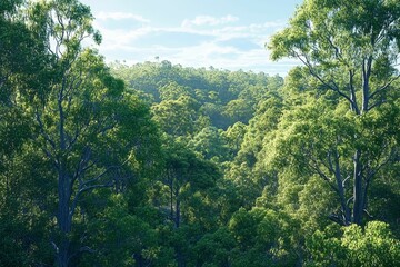 Obraz premium Lush green forest canopy, sunlight dappled.