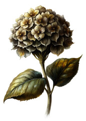 Detailed botanical illustration, vintage floral art, hydrangea flower, natural colors, elegant design, nature-inspired decor.