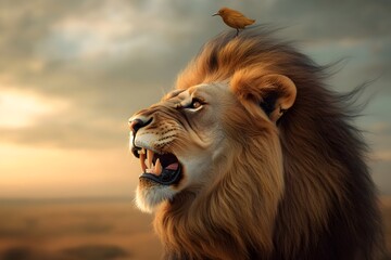 Obraz premium Majestic close up portrait of a lion s head with jaws agape in a thunderous roar its rich amber eyes piercing tawny mane whipping in the wind