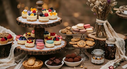 Naklejka premium Delicious desserts, cakes, pastries, and cookies. Pretty macarons, mini cheesecakes, and fruit tarts adorned with berries and flowers.