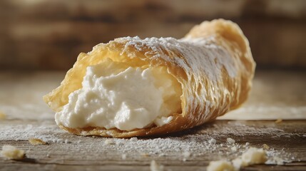 An Exquisite Close-Up of Cannoli Highlighting its Crisp Shell and Creamy Filling on a Rustic Wooden Surface