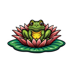 A detailed vector illustration of a green frog sitting in the center of a pink lotus flower with a green lily pad underneath.