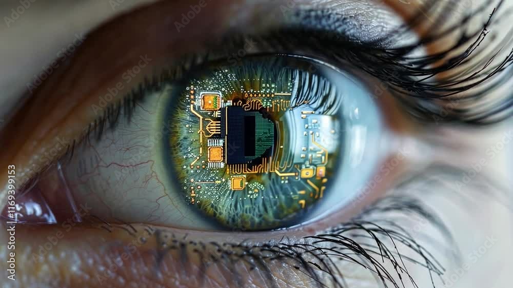 Poster A close-up view showcases a human eye reflecting advanced circuit patterns, blending technology and biology. The intricate details highlight the fusion of AI and human vision.