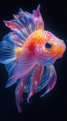 Fototapeta premium Mesmerizing Iridescent Goldfish Swimming in Vibrant Underwater Realm Captivating close up view of a fantastical glowing fish with intricate scales and flowing fins in an abstract