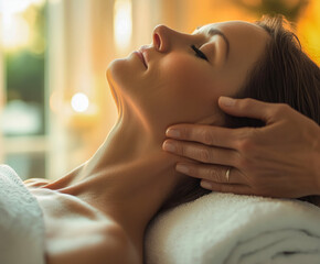  woman receives a relaxing neck massage in a tranquil spa setting, illuminated by warm, golden light. The soothing atmosphere emphasizes relaxation, wellness, and self-care