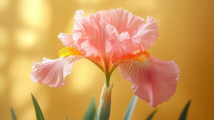 Obraz premium Delicate pink iris blossom against a warm, golden background. The flower's intricate details and soft petals create a serene and elegant image.