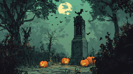 Spooky haunted forest with pumpkins and bats. Cenotaph. Illustration