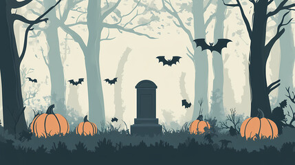 Spooky haunted forest with pumpkins and bats. Cenotaph. Illustration