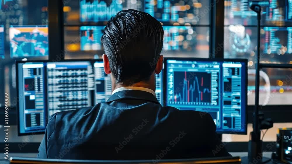 Aufkleber In a modern office, a focused analyst examines data on multiple screens, immersed in analytics as the city lights twinkle outside. Late-night work emphasizes dedication and innovation.