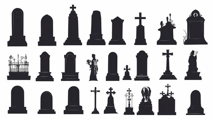 Symbols of gravestones and tombstones, silhouettes depicting headstones and tombs in cemeteries or graveyards on white. Cenotaph. Illustration