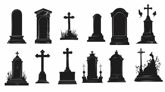 Symbols of gravestones and tombstones, silhouettes depicting headstones and tombs in cemeteries or graveyards on white. Cenotaph. Illustration