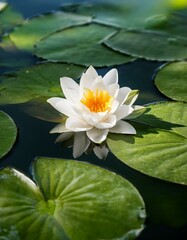 Serene white water lily floating on calm water, surrounded by lush green lily pads.
