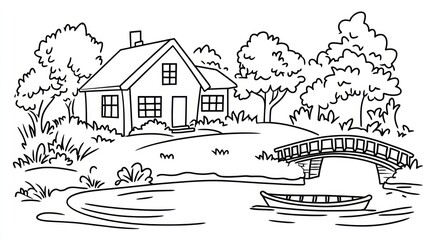Fototapeta premium A charming house beside a peaceful lake with a small boat and bridge