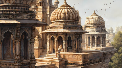 Obraz premium The intricately designed cenotaphs at the royal gaitor in jaipur, with detailed carvings and domes. Cenotaph. Illustration
