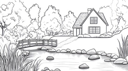 Obraz premium Lakeside House with Bridge and Lush Greenery