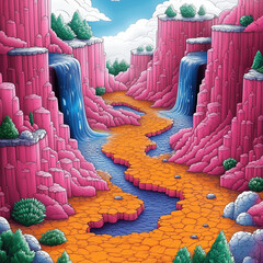 Obraz premium Winding Path Through Crystal Mountains Glowing Coloring