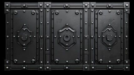Black Metal Door with Ornate Details and Rivets, Emphasizing Intricate Design and Sturdy Construction, Ideal for Gothic and Industrial Themes