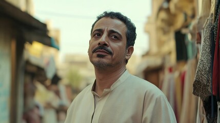 Fototapeta premium Middle-aged man, contemplative gaze, light clothing, busy street.