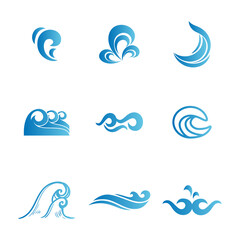 Water or wave collection blue color logo and icons flat sytle 