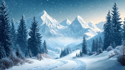 Fototapeta premium Serene Snowy Mountain Landscape with Winding Path and Evergreen Forest