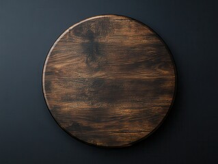 Round wooden cutting board with rustic dark grain texture on a black background, perfect for culinary presentations or stylish kitchen decor ideas.