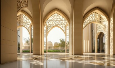 Sunlit hall, arched entryways, ornate screens, peaceful courtyard.