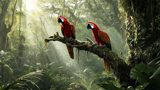 Two vibrant red macaws perched on a moss-covered branch in a lush tropical rainforest during the early morning light