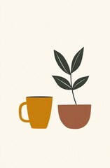 Coffee cup and plant in minimalist style showcasing cozy indoor aesthetics and nature-inspired decor for peaceful living