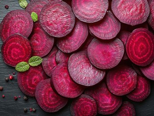 Vibrant slices of fresh beets arranged on a dark surface with mint leaves highlighting their natural beauty and color
