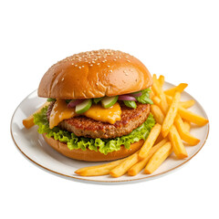 Delicious burger with crispy fries on a blue plate against a white background