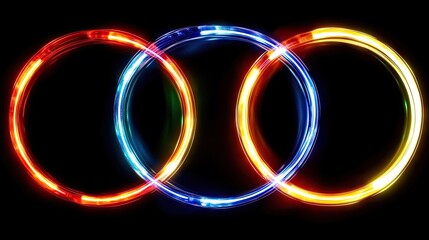 Three intersecting neon circles glow in vibrant red, blue, and yellow hues against a black backdrop. Ideal for tech backgrounds, music visuals, or abstract designs.