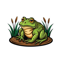 A realistic vector illustration of a green bullfrog croaking near a patch of reeds and cattails.