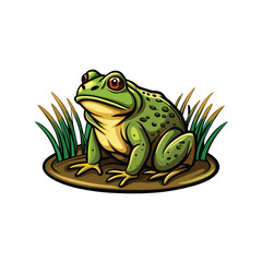 A realistic vector illustration of a green bullfrog croaking in a patch of tall grass.
