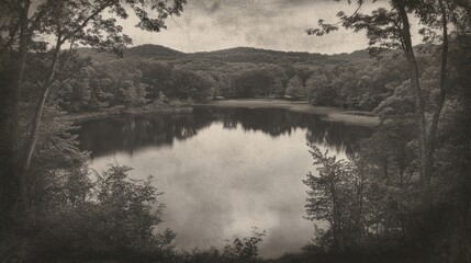 Fototapeta premium Serene Forest Lake Mirroring Hills and Trees