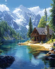 Naklejka premium Peaceful Mountain Cabin by Serene Lake with Towering Pines and Peaks