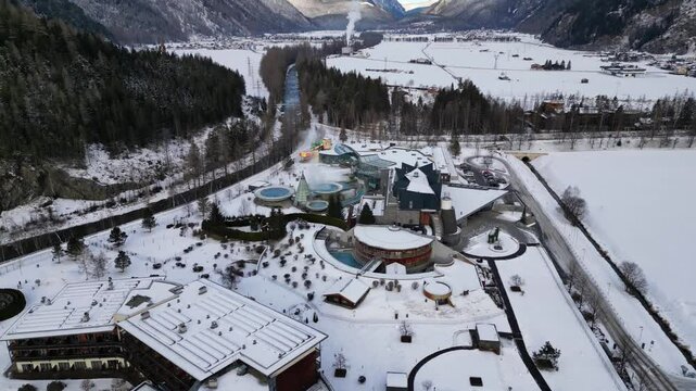 Langenfeld, Austria - December 12, 2024: Beautiful Aqua Dome thermal pools in the Austrian Alps - Tirol Therme in the vicinity of Stuibenfall Waterfall