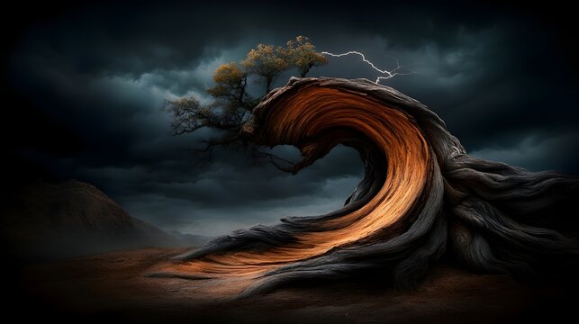 Weathered and gnarled ancient oak tree trunk split open by the incredible force of a lightning strike revealing the inner rings and dramatic textures within set against a moody