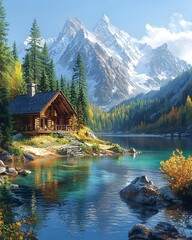 Cozy Mountain Cabin by Serene Lake Surrounded by Tall Pine Trees and Rugged Peaks