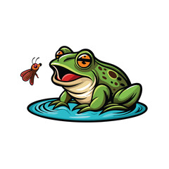 A cartoon frog with green skin, brown spots, and orange eyes sits on a lily pad, waiting to catch a red fly.
